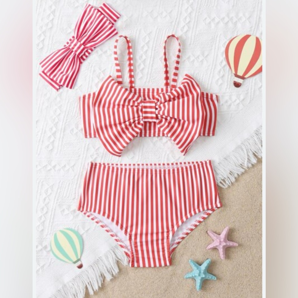 Baby Red and White Striped Bikini Set with Bow